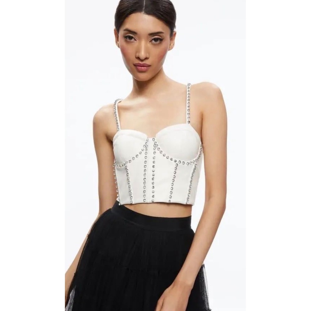 Alice + Olivia White Faux Leather Crystalโ Embellished Bustier Crop Top 14